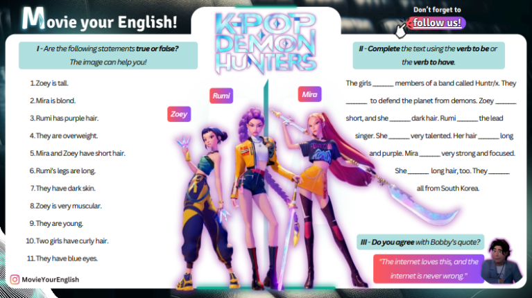 KPop Demon Hunters simple present worksheet preview